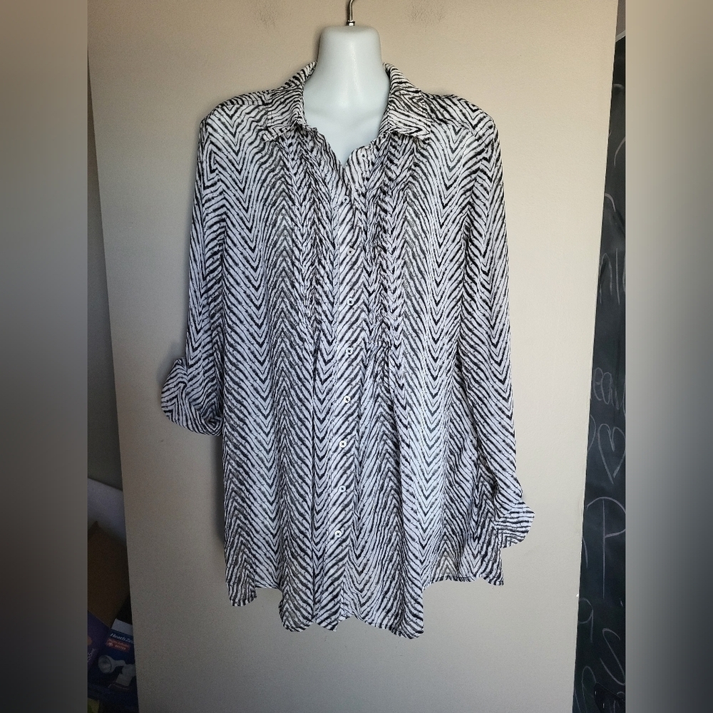 Christina Black and White Striped Button Down Blouse, Size Large